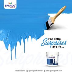 a blue paint can with a brush in it and the words sparo for little squares of life