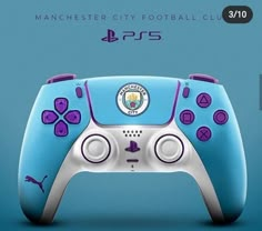 a blue and white controller with the manchester city football club logo on it's side