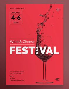 a wine and cheese festival flyer with a glass of wine splashing out of it