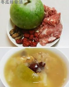 there are two pictures of different foods in the same bowl and one has an apple