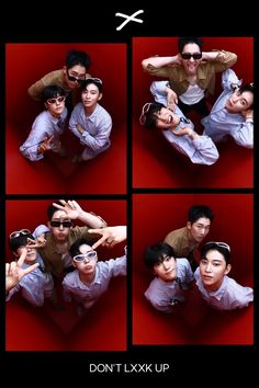 four different shots of two men and one woman posing for the camera with their arms around each other