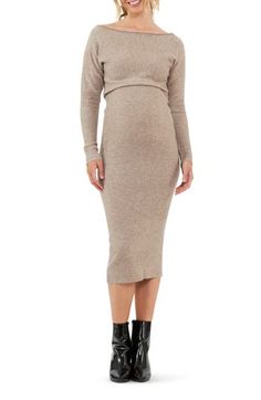 A great streamlined option for your next special event, this long-sleeve maternity dress features wrap detailing on the bodice and a built-in nursing flap. Slips on over head Off-the-shoulder neck Long sleeves Unlined 46% acrylic, 45% nylon, 5% wool, 4% elastane Hand wash, dry flat Imported Off Shoulder Knit Dress, Blue Maternity Dress, Long Sleeve Maternity Dress, Maternity Nursing Dress, Off The Shoulder Long Sleeve, Maternity Gowns, Maternity Skirt, Nursing Dress, Khaki Dress