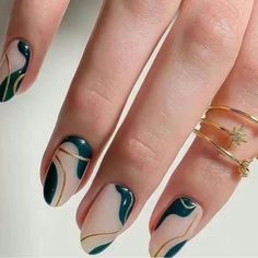 Hello Girls, This Are Press On Nails. They Come In One Size Only, The Color Are Dark Green With Gold Wave Pattern, Almond Shape. But In Person They Look More Like Black Then Dark Green. And There Brand New Their Simple And Easy To Put Them On In Less Then 5 Min. Try Them On Wave Nails, Dark Green Nails, Special Nails, Acrylic Nail Kit, French Tip Acrylic Nails, Fake Nails With Glue, Nails French, Dark Nails, Spring Nail