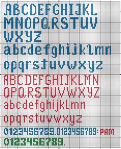 a cross stitch pattern with the letters and numbers in red, blue, green, and white