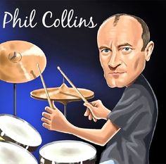 a painting of a man playing drums with the words phil collis on it in front of him