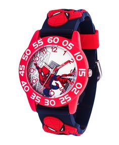 a spiderman watch with red and blue straps on the face is shown in front of a white background