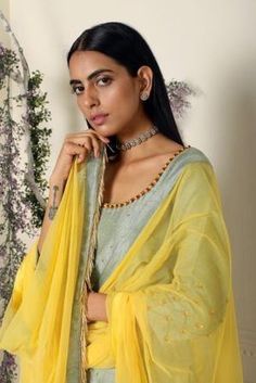 Sage Green Kurta and Sharara Set of 3 - Trendroots Kurta And Sharara Set, Kurta And Sharara, Ruffle Sarees, Ruffle Saree, Ethnic Looks, Sharara Set, Early Spring Outfits, Embroidered Neckline, Net Dupatta