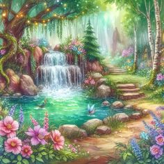 a painting of a waterfall in the middle of a forest filled with flowers and trees