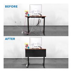 two images side by side showing the before and after of a computer desk