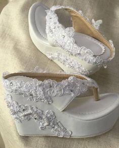 custom pearl sandals-wedge flip flops with ivory pearl and pearl flowers accept custom other color or custom adult size shoes its true size if you are not sure your children size please measure the feet then tell me choose size for you. made to order White Beaded Sandals With Round Toe, Embellished Open Toe Wedge Sandals For Wedding, Bride Shoes Flats, Ivory High Heels, Bride Flip Flops, Coin Flip, Comfortable Leather Shoes, Bride Sandals, Ivory Sandals