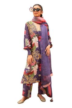 Purple kurta with floral print, highlighted with thread and bead embroidery. Paired with an embroidered pant and ombre dupatta. - Aza Fashions Ombre Dupatta, Kurta Pant Set, Embroidered Pants, Tarun Tahiliani, Purple Girls, Beaded Neckline, Kurta With Pants, Girl Online, Purple Silk