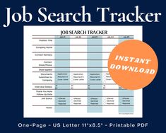 a job search tracker with an orange circle over it and the words instant printable