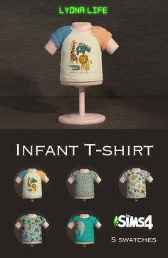 an infant's t - shirt is displayed on a stand with five different images