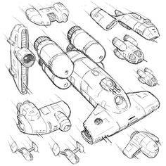 an image of a bunch of spaceships that are drawn in pencil on white paper