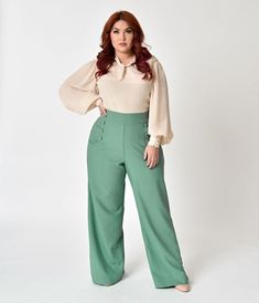 Style Inspiration Vintage, Vintage Plus Size, 1940s Style, Plus Size Vintage, Plus Size Kleidung, 1940s Fashion, Green Pants, Plus Size Womens Clothing, Moda Plus