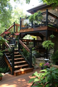 a wooden deck surrounded by plants and trees