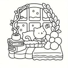 a black and white drawing of a cat sitting on a pile of books next to a window