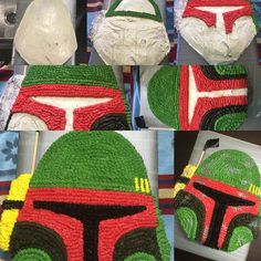 two cakes made to look like boba fett helmets