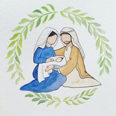 a watercolor drawing of a man and woman holding a baby in their arms, surrounded by greenery