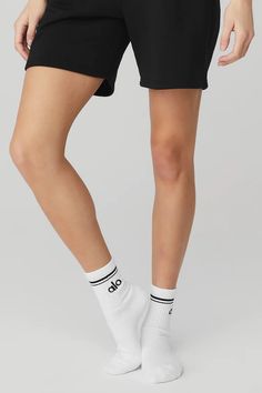 Unisex Half-Crew Throwback Sock - White/Black | Alo Yoga Womens Onesie, Hiking Socks, Tank Top Bras, Womens Capris, Long Socks, Tube Socks, Back Women, Pilates Workout, Casual Socks