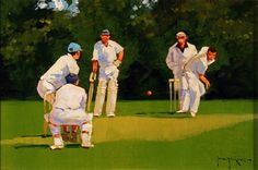 three men in white uniforms playing cricket on a green field with trees in the background