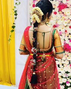 Hairstyles For Half Saree Function, Indian Hairdo, Hairstyles Traditional, Magam Work Blouses, Brocade Blouse Designs, Half Saree Function, Half Saree Lehenga