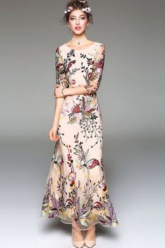 $120.99 Apricot Embroidered Maxi Dress Embroidery Runway, Fashion Party Dress, Designer Dresses Elegant, Sleeves Embroidery, Mother Of Bride Outfits, Floral Wedding Dress, Runway Dresses