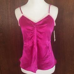 Medium Silk Camisole Fuchsia Pink With Tags And Extra Button. 17" Armpit To Armpit. Elegant Pink Tops With Built-in Bra, Pink Top With Built-in Bra For Night Out, Flirty Pink Cami Tank Top, Flirty Pink Camisole For Spring, Chic Pink Tops With Built-in Bra, Pink Sleeveless Flirty Top, Flirty Pink Sleeveless Top, Pink Feminine Camisole For Night Out, Feminine Pink Camisole For Night Out