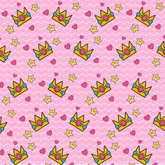 a pink background with hearts, stars and crowns