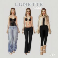 three women in black and white outfits are standing next to each other, with the words lunette above them