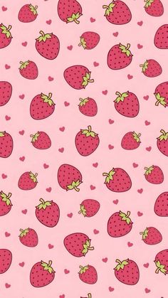 a pink background with hearts and strawberries on it