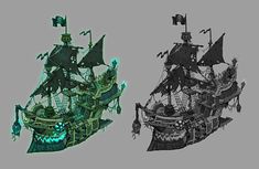 three different types of pirate ships with sails and flags on the front, one is green