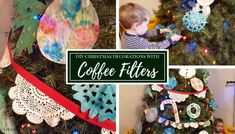 christmas decorations with coffee filters are featured in this collage for kids to make and decorate