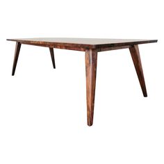 a wooden table with two legs and a rectangular top, on a white background the table is made out of wood