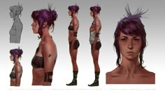 a woman with purple hair in various poses