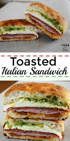 toasted italian sandwich cut in half and stacked on top of each other with text overlay