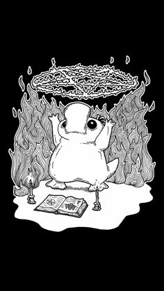 a black and white drawing of a cartoon character holding an umbrella over his head while reading a book