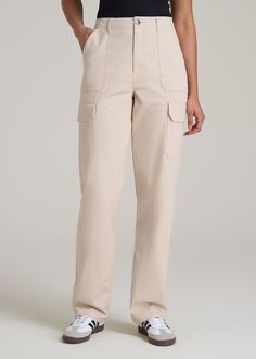 About Our Straight Leg Cargo Chino Pants for Tall Women The style and utility of a cargo pant meets an extra-long inseam on these chinos for tall women. Designed specifically for ladies from 5’9 to 6’6, they have a high rise and a straight leg that creates a modern, flattering fit. These women’s tall pants are made with stretch-infused cotton that’s been pre-washed and shrinkage controlled to make sure the silhouette stays perfect. Store everything you need for a day on the go with plenty of poc Khaki Utility Cargo Pants Full Length, Khaki Full Length Utility Cargo Pants, Khaki Full-length Cargo Pants With Patch Pockets, Full Length Khaki Cargo Pants With Patch Pockets, Relaxed Fit Pants With Flap Pockets, Utility Cargo Style Work Pants, Workwear Full-length Cargo Pants With Side Pockets, Relaxed Fit Full Length Pants With Flap Pockets, Full Length Utility Cargo Work Pants