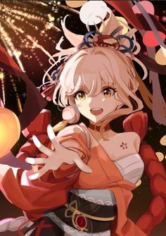 an anime character is holding her hand up in front of fireworks and confetti