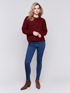 This beautiful mixed media sweater is a fall must have! The Cabernet color is gorgeous and can take you from fall thru winter in total style. The sleeves are fishnet open knit and the body is solid knit. She is super cozy and soft and looks amazing with our Charlie B Floral Embroidered Bootcut Jeans! Shown in the picture. Content : 33% Recycled Polyester / 36% Polyester / 20% Acrylic / 11% Nylon Back Length : 24" Care Instructions : Hand wash in cold water – Do not bleach – Lay flat to dry – Iro Winter Open Knit Top, Winter Chunky Knit Top For Layering, Fitted Chunky Knit Top For Fall, Chic Open Knit Winter Top, Chic Winter Open Knit Top, Chunky Knit Top For Winter Layering, Trendy Knit Top For Fall Layering, Long Sleeve Pointelle Knit Sweater For Fall, Stretch Cable Knit Sweater For Layering