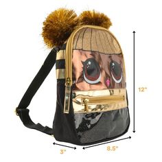 Unleash the style and charm of our LOL Surprise Backpack Purse, a mini girls' backpack (10 x 8 x 3 inches) inspired by the iconic L.O.L. Surprise! doll, Queen Bee. Featuring two shiny gold pom-poms, chic striped side panels, a main zip compartment, and a front zip pocket adorned with shimmering metallic trims, this purse is perfect for toddlers or girls as a mini purse, ideal for day outings and shopping adventures. Crafted for convenience, an easily grabbable top handle allows for hanging in cu Novelty School Bag With Zipper Closure, Stylish School Bags With Zipper Closure, Gold School Backpack With Adjustable Strap, Gold Pom Poms, Bee Backpack, Girls Backpack, Big Brown Eyes, Perfect Purse, Lol Dolls