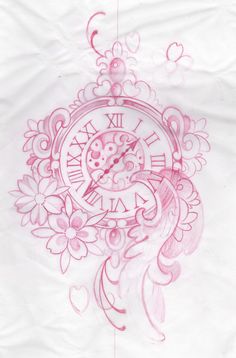 a drawing of a pink clock with hearts and flowers on the face, in front of a white background