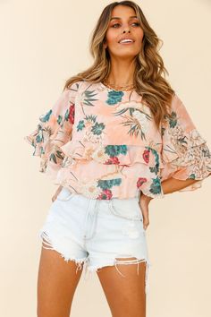 Nude, floral print crop top  Lined  Loose cut  Flounce sleeves  Frill trim detail  Button closure in back neck   Breeze through your days in our Pure Bliss top. We are loving its flattering, loose cut and feminine frill trim. Perfect for a girls day out teamed with denim shorts and crisp white sneakers. Pink Dress Shoes, Crop Top Floral, Floral Print Crop Top, Girls Day, Brunch Dress, Clothing Tags, Basic Dress, Flounce Sleeve, Top Floral