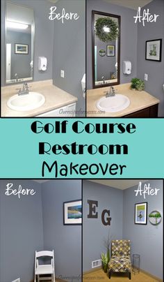 a collage of photos with the words golf course restroom makeover