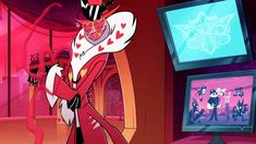 an animated character standing in front of two televisions with hearts on their chestes