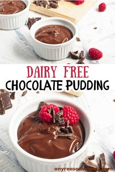 dairy free chocolate pudding with raspberries and chocolate chips on the side in white bowls