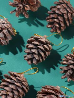 several pine cones are arranged on a green surface with twine gold pins in the middle