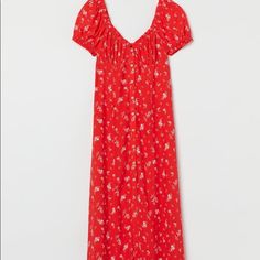 Fitted, Calf-Length Dress In A Patterned Viscose Weave With A Sweetheart Neckline And Short Puff Sleeves. Seam Under The Bust, Buttons Down The Front And Narrow Elastication And A Frill Trim Around The Neckline And Sleeves. Size Xs Or Us 34. Red Buttoned Maxi Dress For Summer, H&m Red Summer Dresses, Red Summer Dress By H&m, H&m Casual V-neck Maxi Dress, H&m Casual Midi Dress For Daywear, Casual Daywear Midi Dress By H&m, Casual H&m Midi Dress For Daywear, H&m Casual Floral Print Dresses, Casual Floral Print H&m Dress