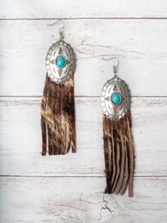 Rebel Like Reba Turquoise Concho With Brown Cowhide Fringe Earrings Cowhide Earrings, Earring Inspo, Leather Ideas, Brown Cowhide, Diy Bags Purses, Leather Scraps, Lace Earrings, Diy Bags, Beadwork Patterns