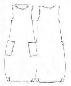 the front and back view of a dress with pockets on it, as well as an outline